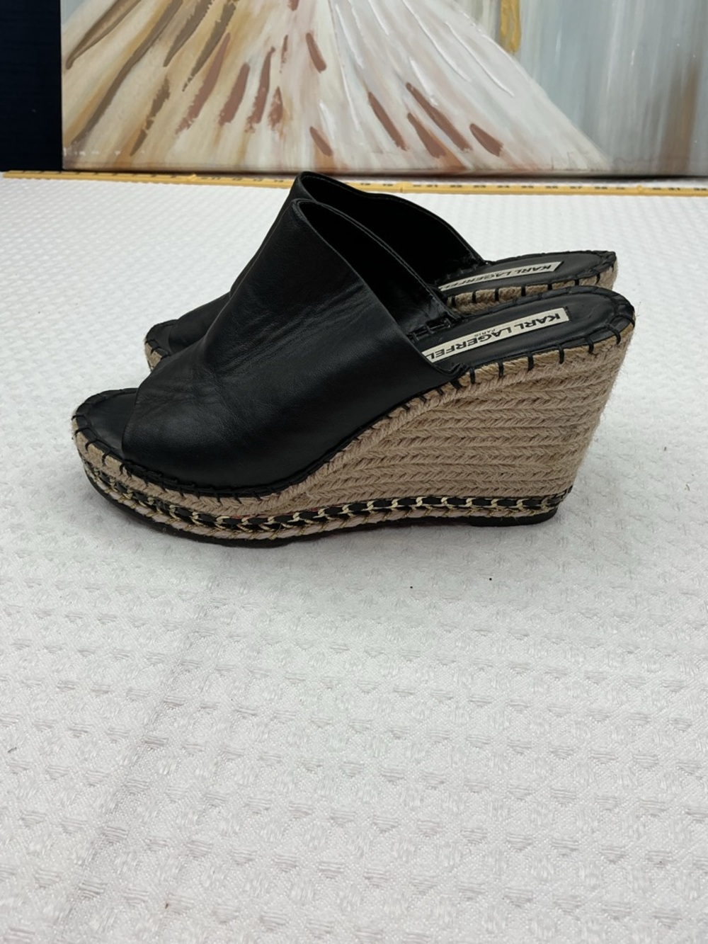 Karl Lagerfeld Black Leather Espadrille Wedge Mules